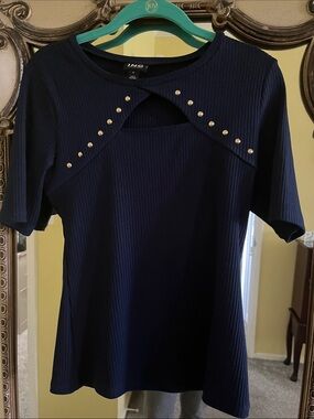 INC International Concepts Navy Ribbed Short Sleeve Top with Gold Studs